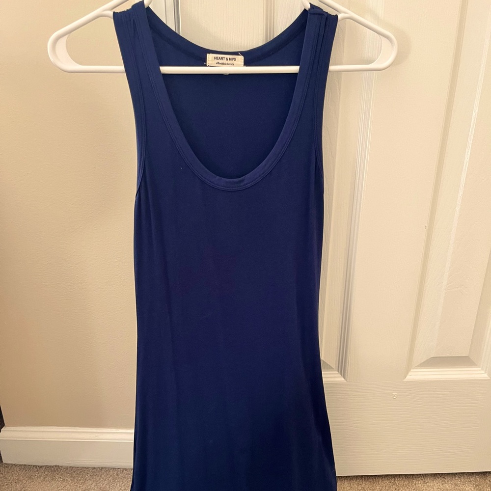 Navy, tank-top dress. Knee-length.